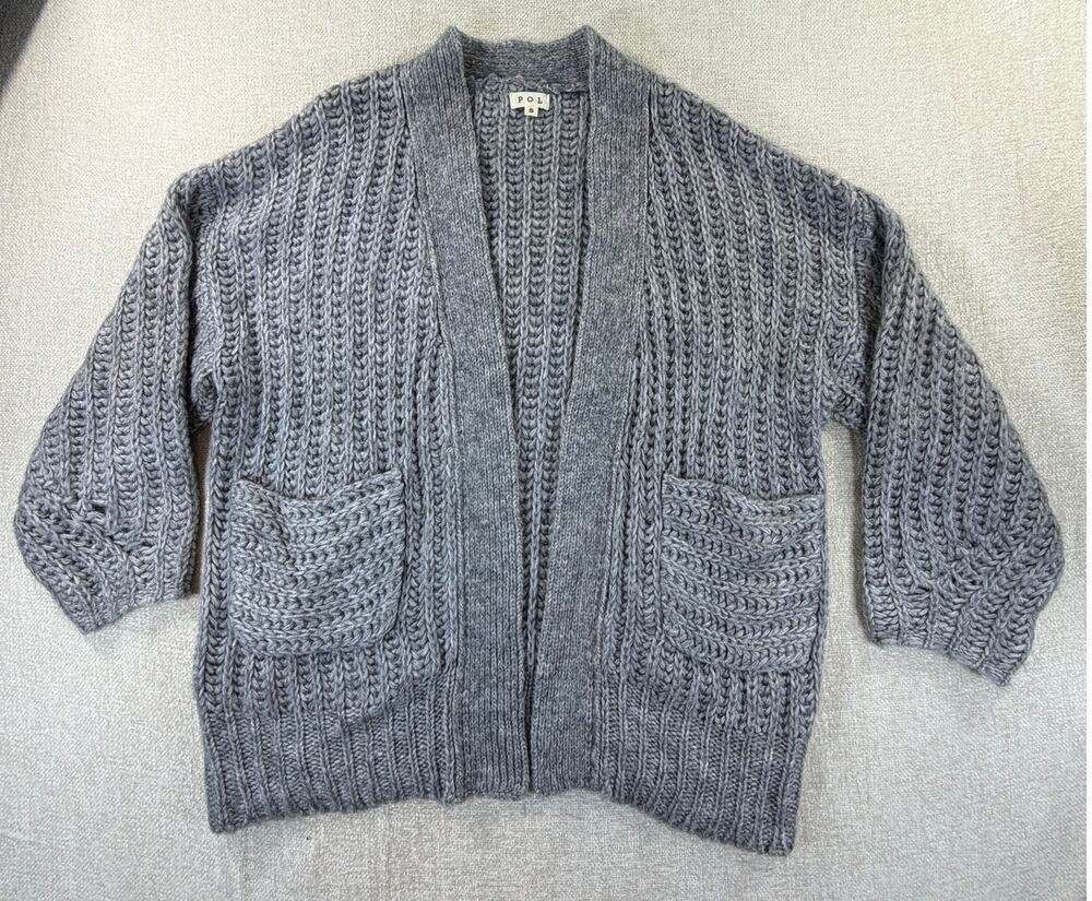 POL Women's Small Gray Chunky Long Sleeve Open Front College Cardigan Sweater